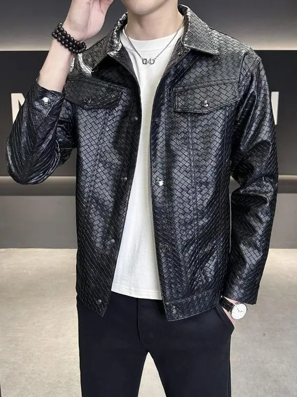 

Casual Snake Sc Pattern Leather Jaet Youth Sle Spring Autumn High End Faion Brand Stand Collar Hidden Pattern Jaet