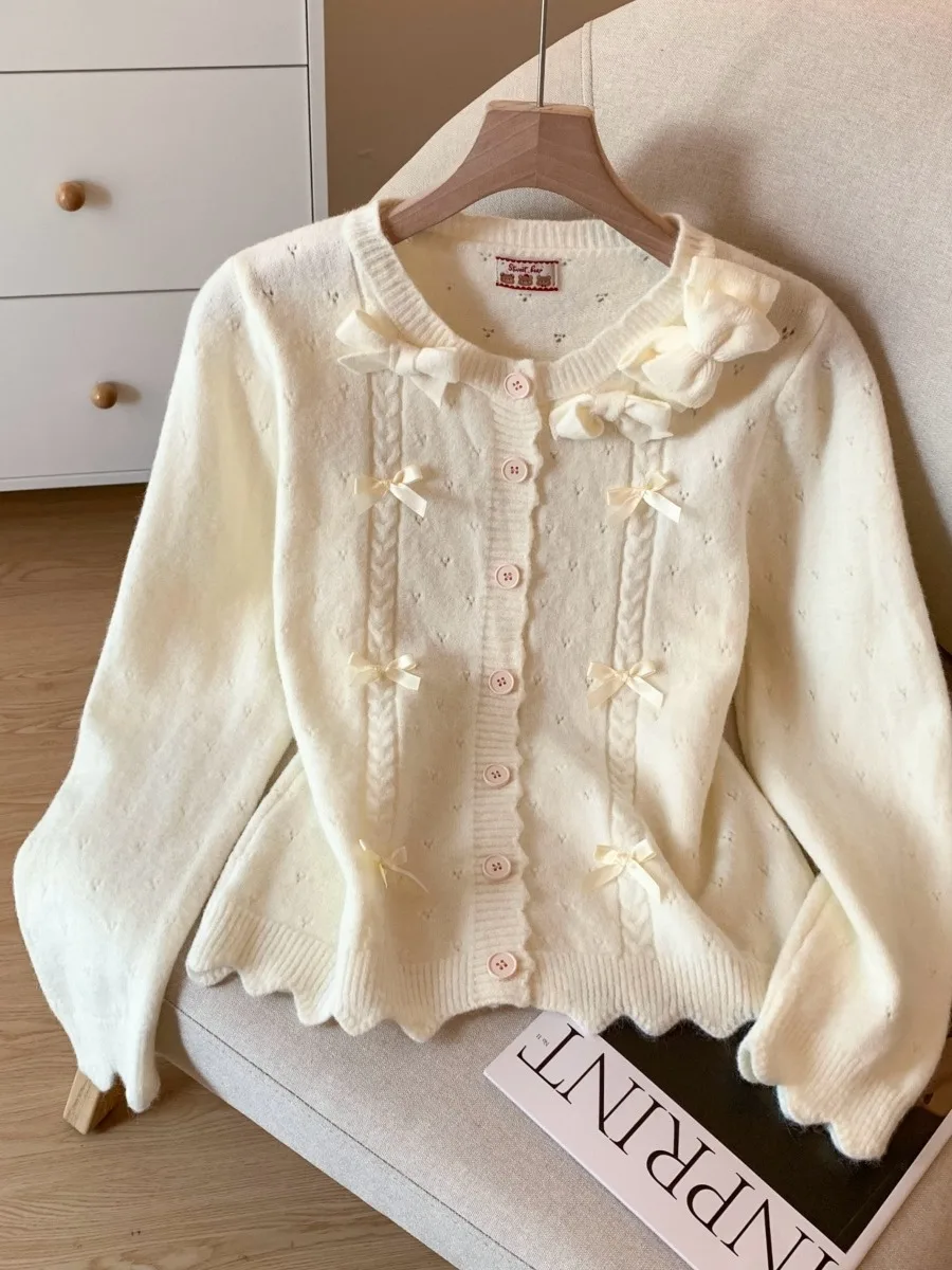 달콤한 슬레 블루 리본 매듭 스웨터 가디건 여성용 부드럽고 아늑한 니트 탑 가을 겨울 패셔너블 롱 스웨터 색상