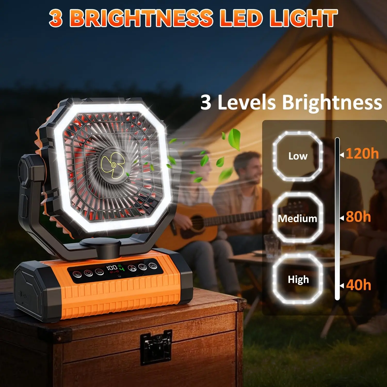 2Colors 20000mAh Rechargeable Camping Fan Portable Head‑Shaking Tent Fan with LED Night Light Hanging Hook 4 Speeds Remote Control Timing Desk Fan for Car Outdoor Trip
