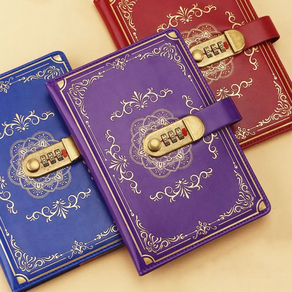 A5 100Sheets Journal Notebook With Lock Flower Cover PU Leather Personal Notebook Stationery Line Paper