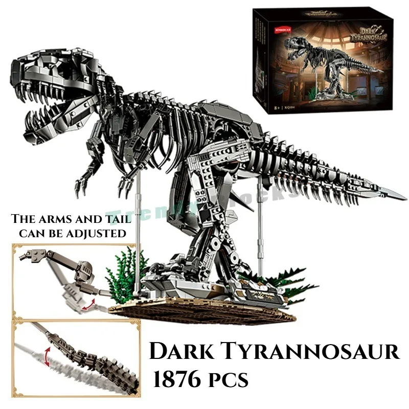 1876PCS Dark Tyrannosaurus Rex Skeleton Building Blocks,Creative Ancient Giant Jurassic Dinosaur Toy Ornament Kid Adult Boy Gift