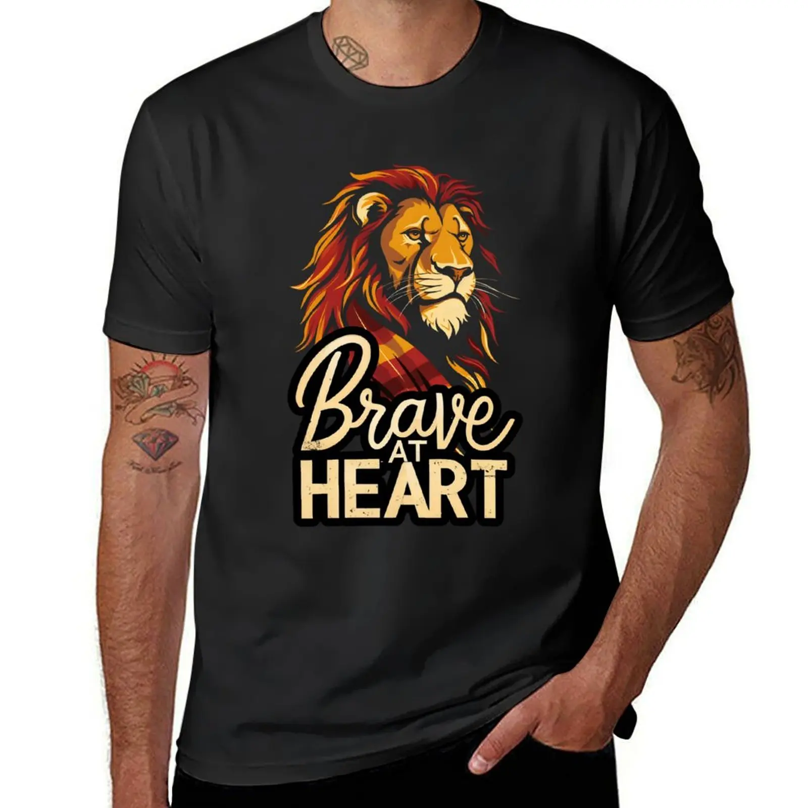 Brave at Heart - Lion with a Scarf - Magical T-Shirt oversized vintage t shirts anime compression shirt men