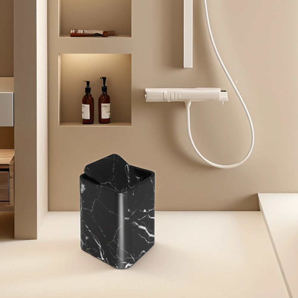 

Marble Trash Can Lid Waste Paper Basket Plastic Garbage Container Stylish Bathroom Living Room Adequate Capacity Durable