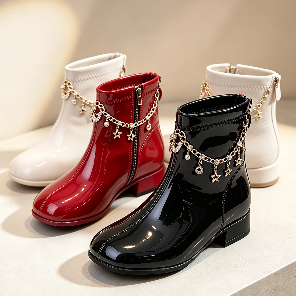 Fashion Girls Shiny Leather Ankle Boots with Sparkling Rhinestone Star Metal Chain Wedding Christmas Gorgeous Children's Booties