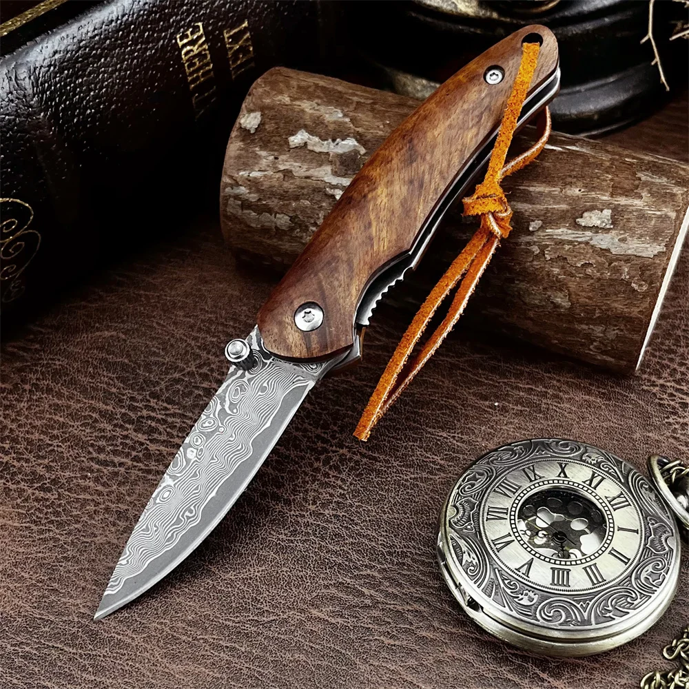 

Новый карманный складной нож для кемпинга, лезвие из дамасской стали, деревянная ручка, EDC, инструменты для выживания на открытом воздухе, охоты, подарки для мужчин