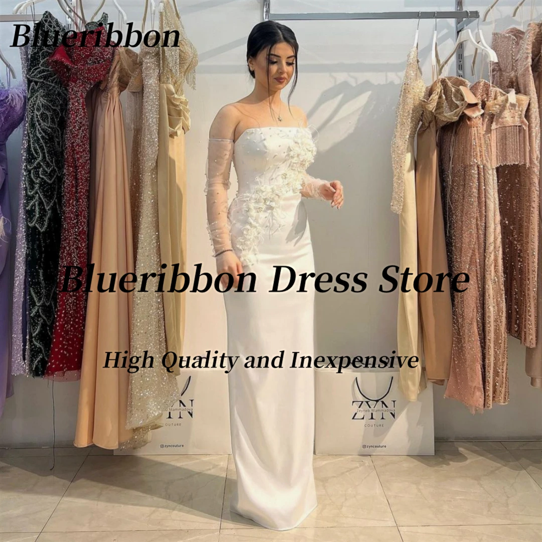 Blueribbon Bride Wear Sheath Wedding Dresses Strapless Beaded Flowers Vestidos De Noches Tulle Long Sleeves Formal Occasion Gown