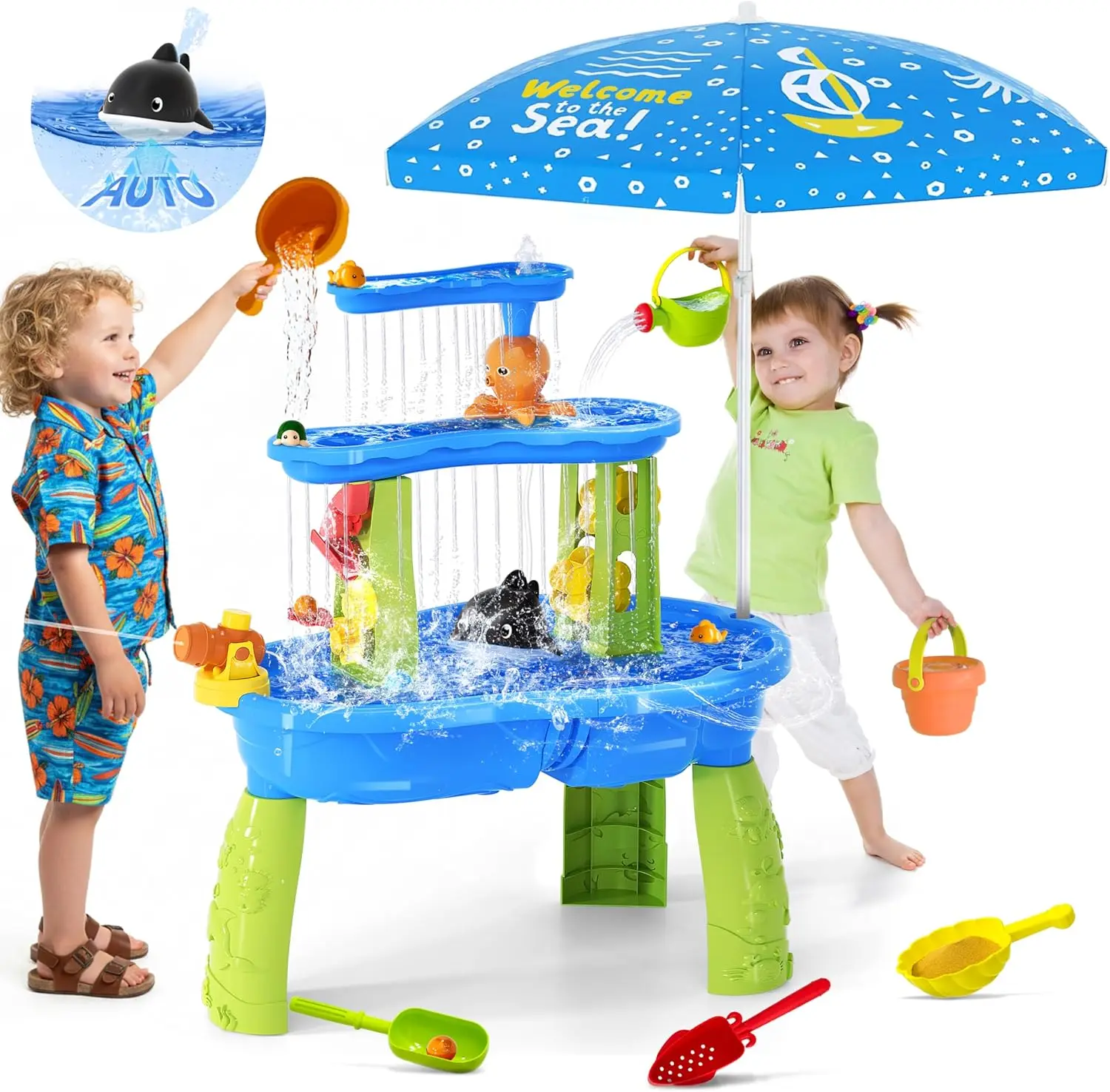 

Upgraded Water Play Table for Toddlers 3-8, Outdoor Activity with Umbrella and Auto Pump, Summer Beach Toys for Kids