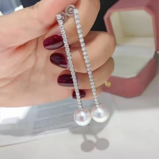 Exquisite huge natural 9-10mm South Sea Round White Pearl Dangle Earring 925s Elegant pearl jewelry
