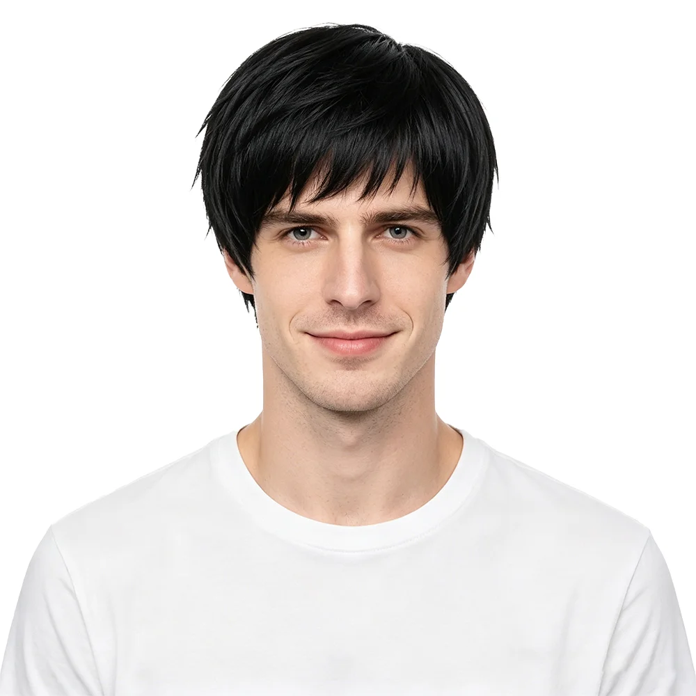 Men's Black Straight Short Wig with Bangs Natural Looking Cosplay Heat Resistant Synthetic Wig For Anime Halloween Party Daily