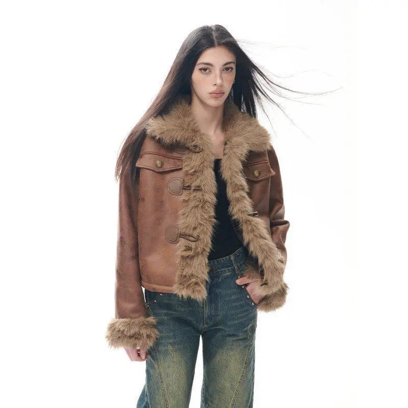 아메리칸 스타일 빈티지 인조 모피 코트 여성용 따뜻하고 우아한 패션 재킷 아우터 빈티지 Y2K 의류 시크