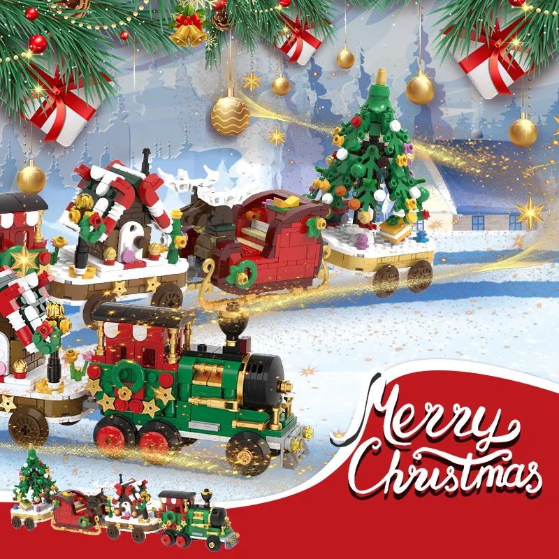 City Creativity Winter Village Christmas Holiday Train Candy House Christmas Tree Model Building Blocks Bricks Kids Toys Gift