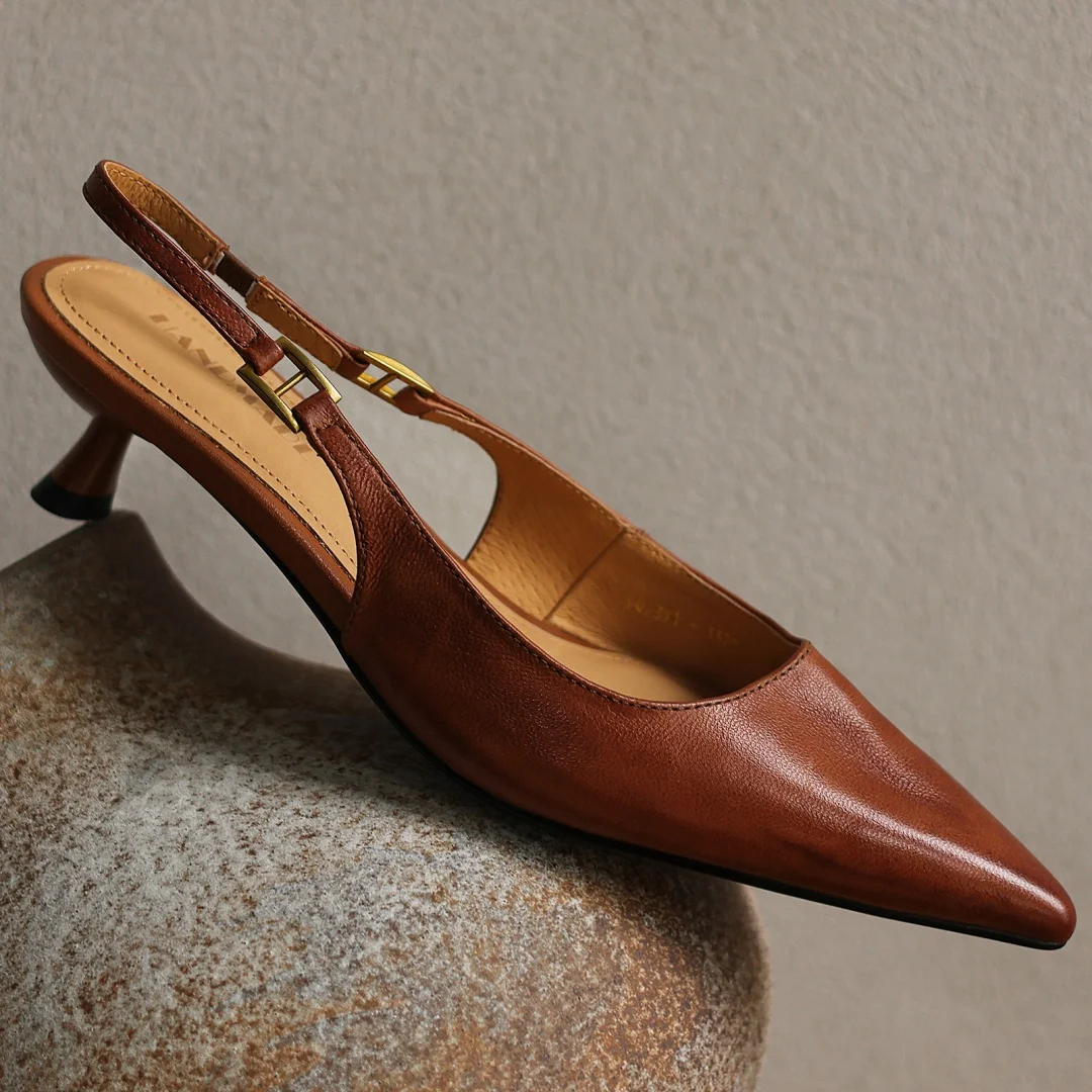 

danxuefei plus size 34-42 women's cow leather pointed toe slingback slip-on summer pumps 4cm thin high heel elegant sandals shoe