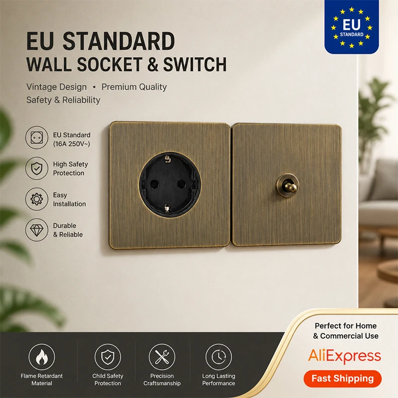 Retro Toggle Bronze Brushed Switch1/2/3/4gang1/2/3way Metal Lever  Stainless Steel Switch Panel EU France Double USB Socket Plug