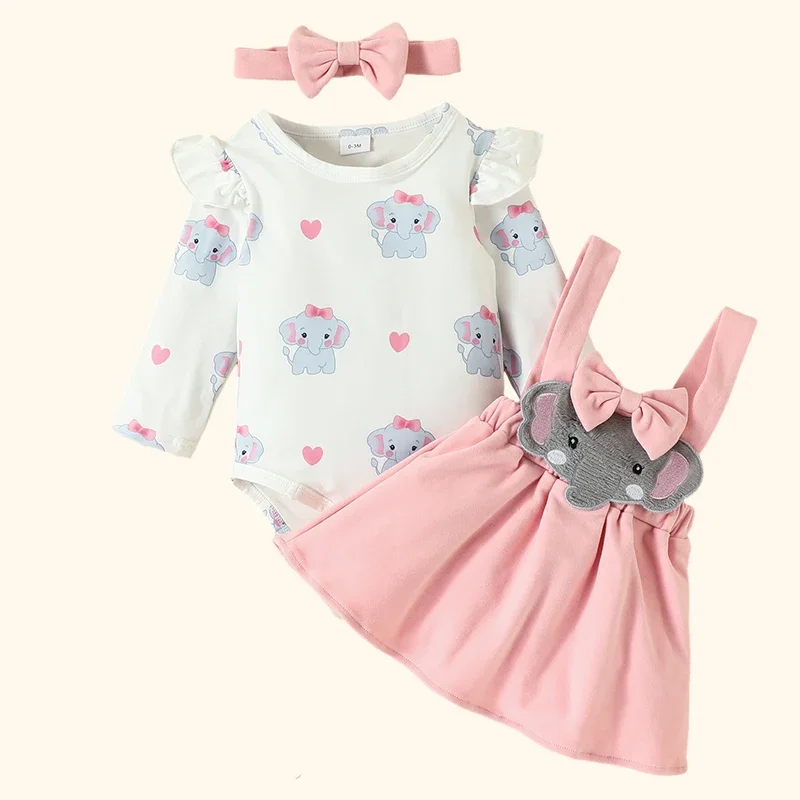 Ensemble barboteuse + robe à bretelles + nœud papillon pour bébé fille, vêtements pour nouveau-né avec imprimé renard de dessin animé, tenues pour