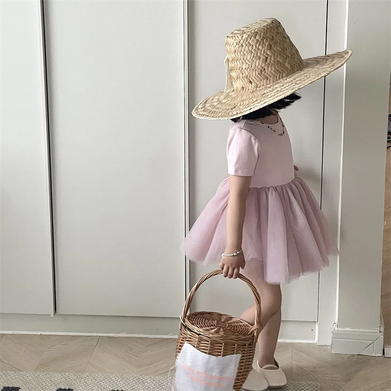 

Summer Korean Children Girls Dress Guaze Patchwork Pink Solid Color Criss Cross Baby Girls Fluffy Dress Draped Kid Girls Dress