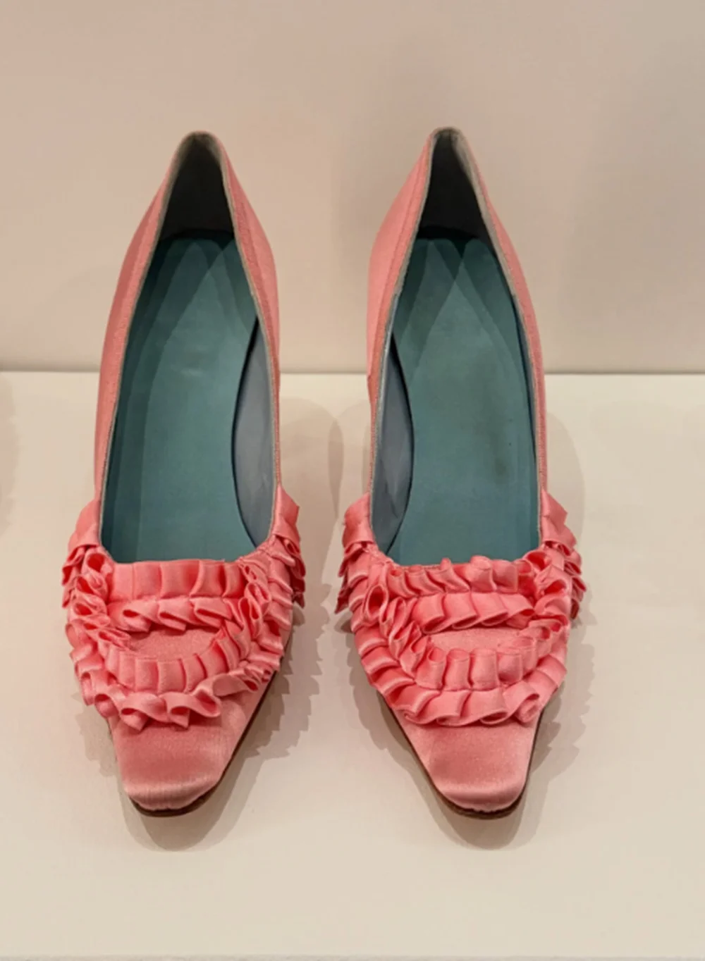 Blush Pink Satin Pointed-Toe High Heels Ruffled Frill Trim Contrast Sky Blue Lining Elegant Sweet Women's Low-Cut Shoes