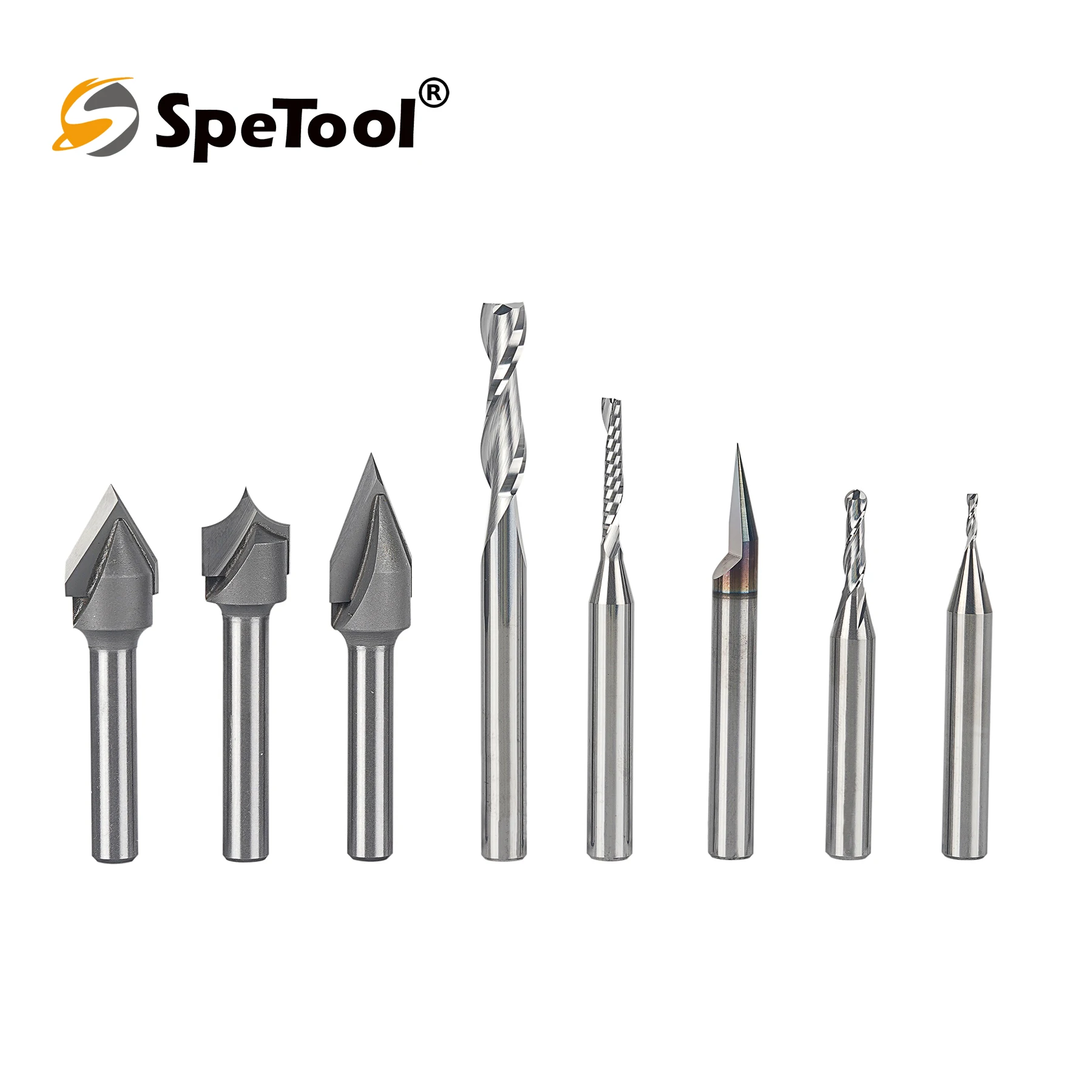 SpeTool 8PCS CNC Router Bits Set 1/4 Inch Shank Solid Carbide V Groove Spiral Bit Profile Detail Carving Kit Making Router Bits