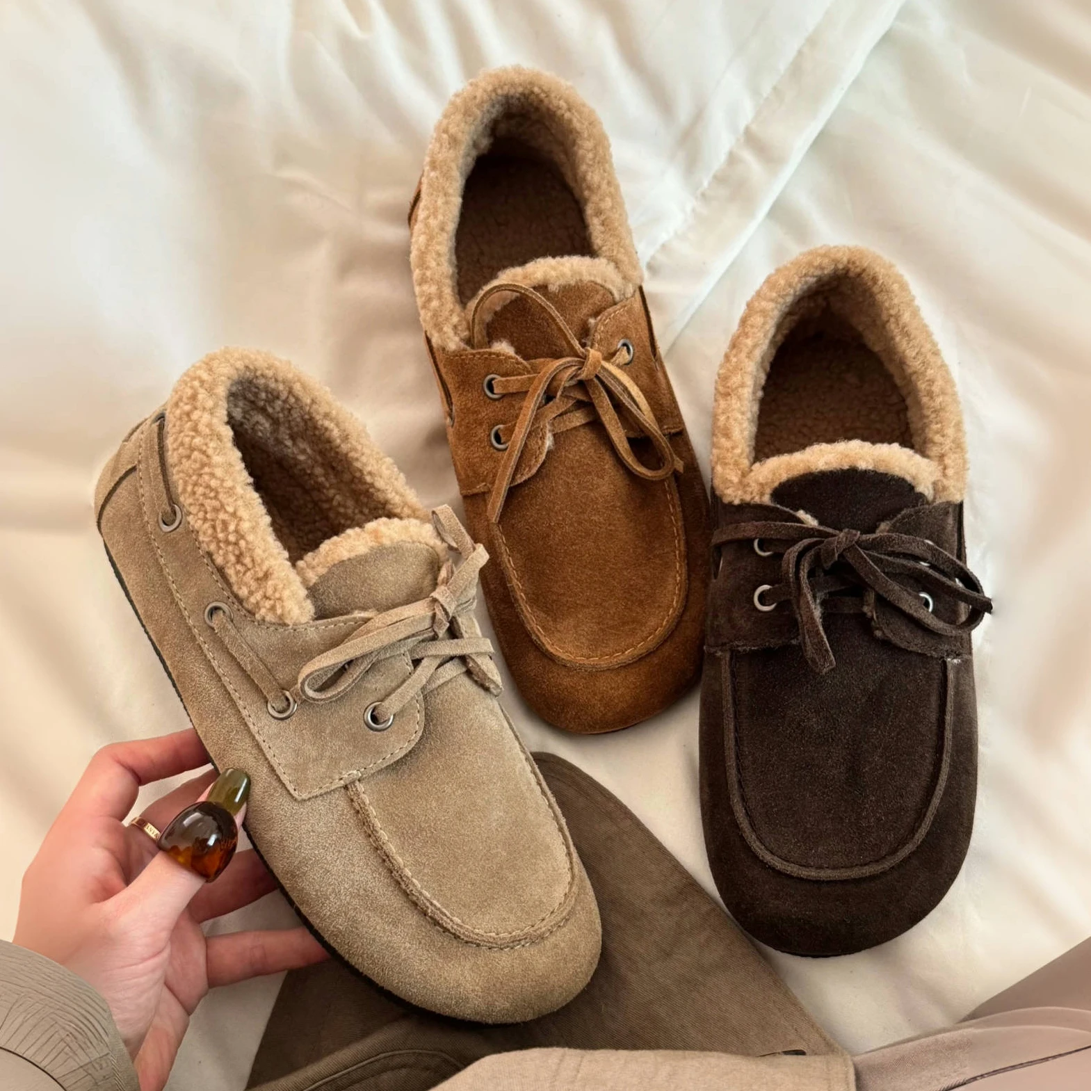 

Женские замшевые мокасины Ботильоны на подкладке из искусственного меха на шнуровке на низком каблуке для уютного повседневного использования в зиму на каждый день или в помещении Расслабленная мода