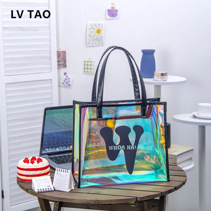 Custom Tote Bag Add Your Print Original Design Zipper Fashion Bags Large Capacity Clear Holiday Beach Travel Shoulder Laser Bag