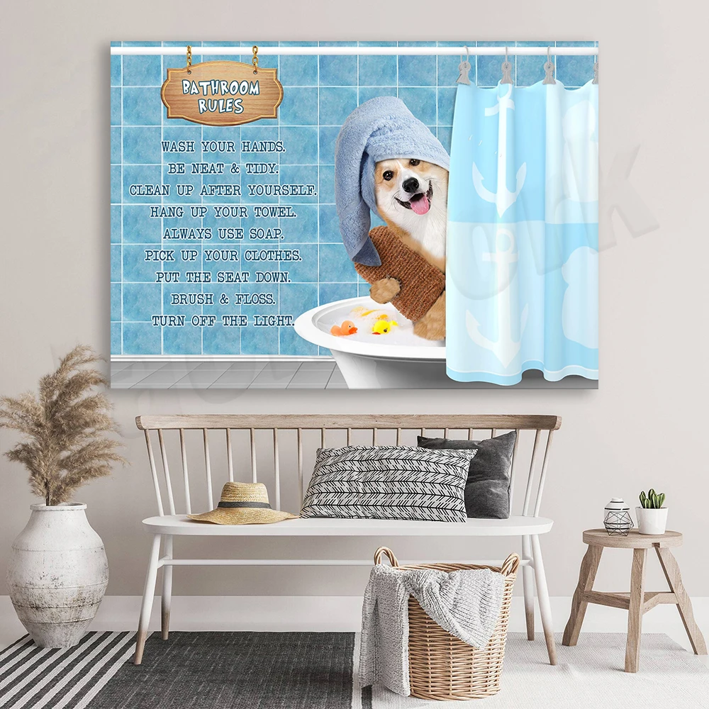 Corgi, West Highland White Terrier, cat prints, funny bathroom rules posters, gifts for dog lovers