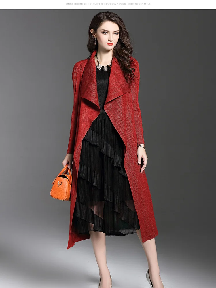 Spring Autumn Women's Fashion Pleated Long Coat Elastic Waist Design Polyester Material High Waist Straight Hemline Windbreaker