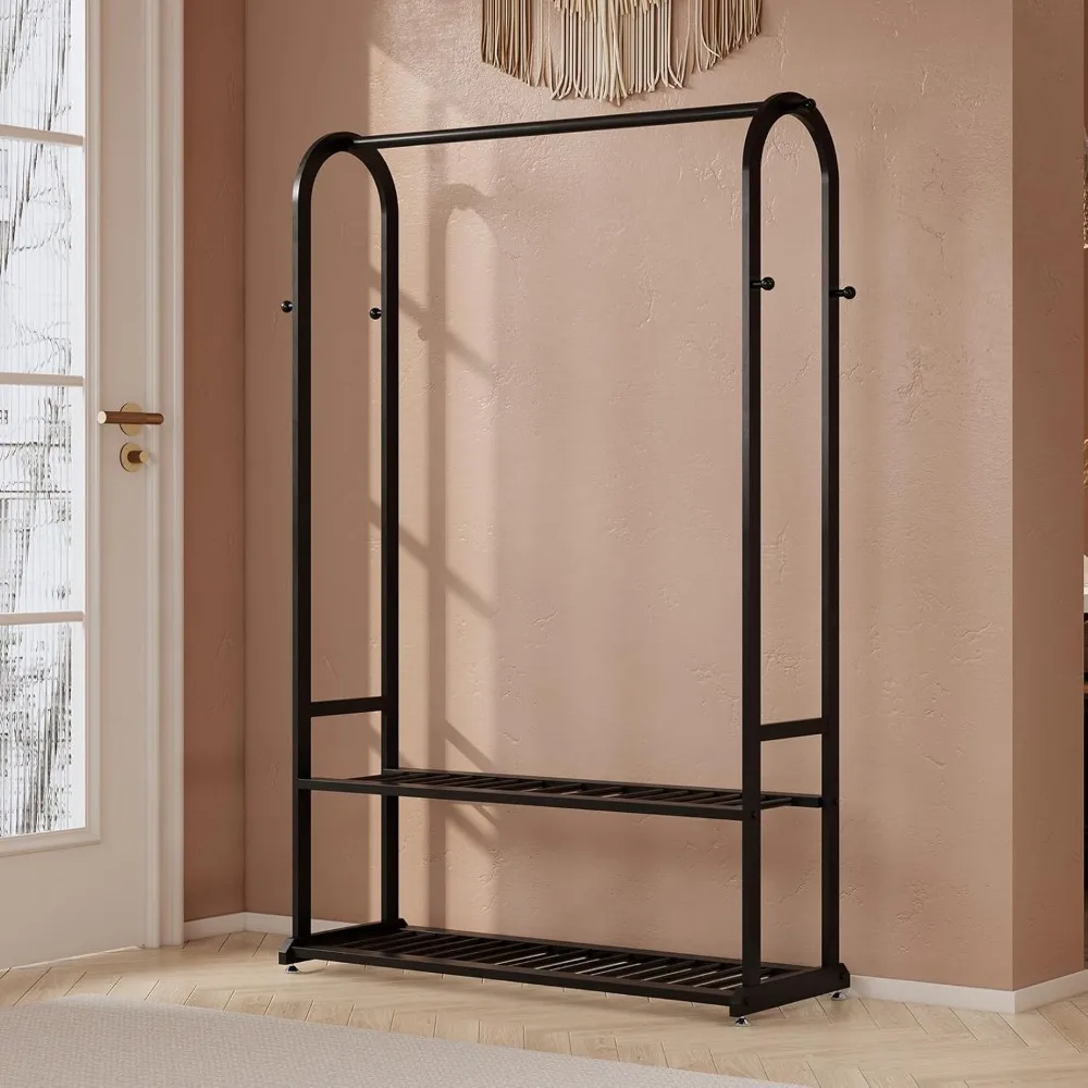 Heavy Duty Clothes Rack with Bottom Shelves & 6 side Hooks - Sturdy Metal Clothing Rack,Garment Racks for Hanging Clothes,can ke