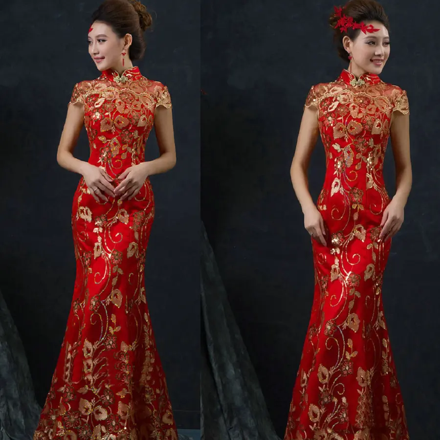 Rode Chinese Trouwjurk Vrouwelijke Lange Korte Mouw Cheongsam Goud Slanke Chinese Traditionele Jurk Vrouwen Qipao Voor Wedding Party