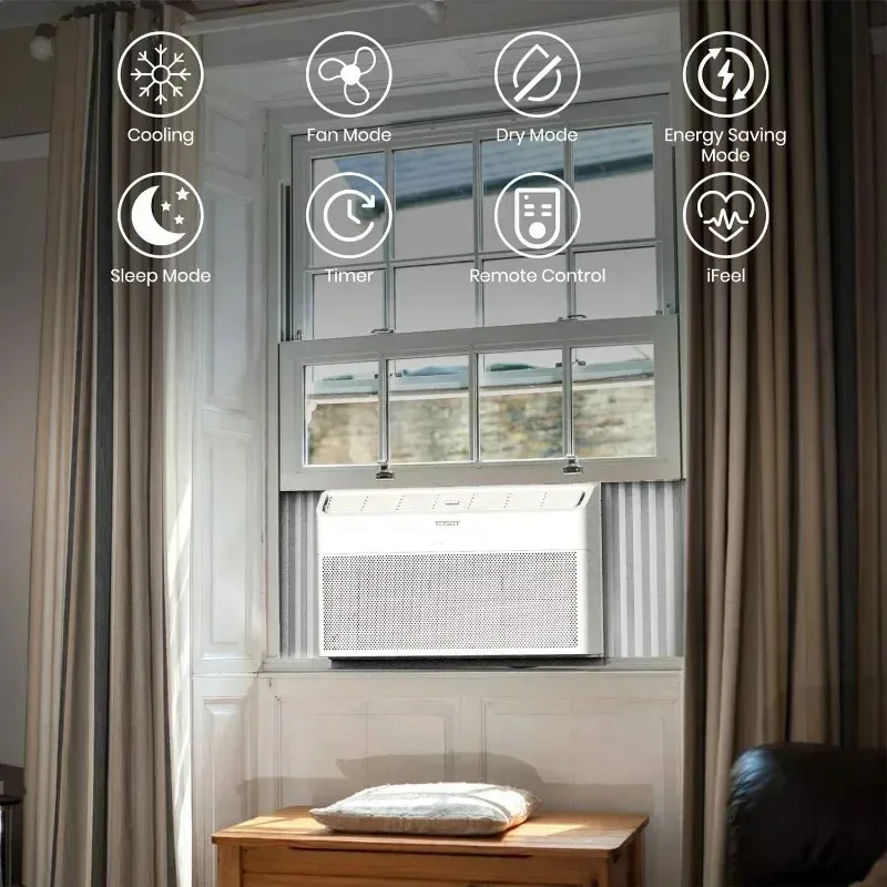 مكيف هواء نافذة TGBFTOSOT بقدرة 8000 وحدة حرارية بريطانية - تشغيل هادئ، نجمة الطاقة، جهاز تحكم عن بعد - وحدة تيار متردد لتركيب النافذة، مبرد سريع، علي