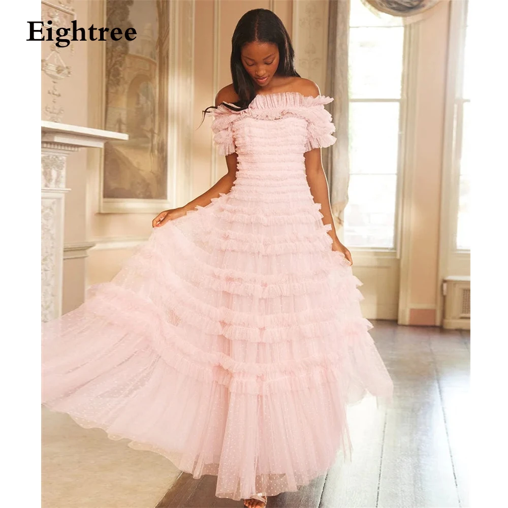 Modern Pink Dotted Tulle Tiered Prom Dresses Long Party Dress Women A Line Formal Evening Gowns Birthday Occasion Event Outfit