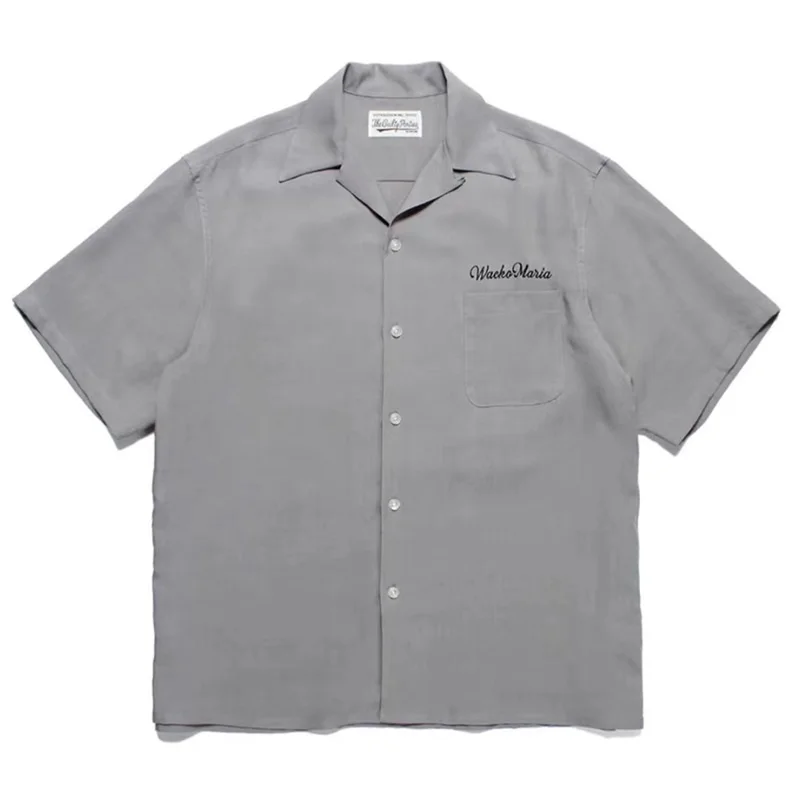 High-end Summer WACKO MARIA Solid Color Cursive wackomaria Embroidery Logo Simple Hawaii Short Sleeve Shirt