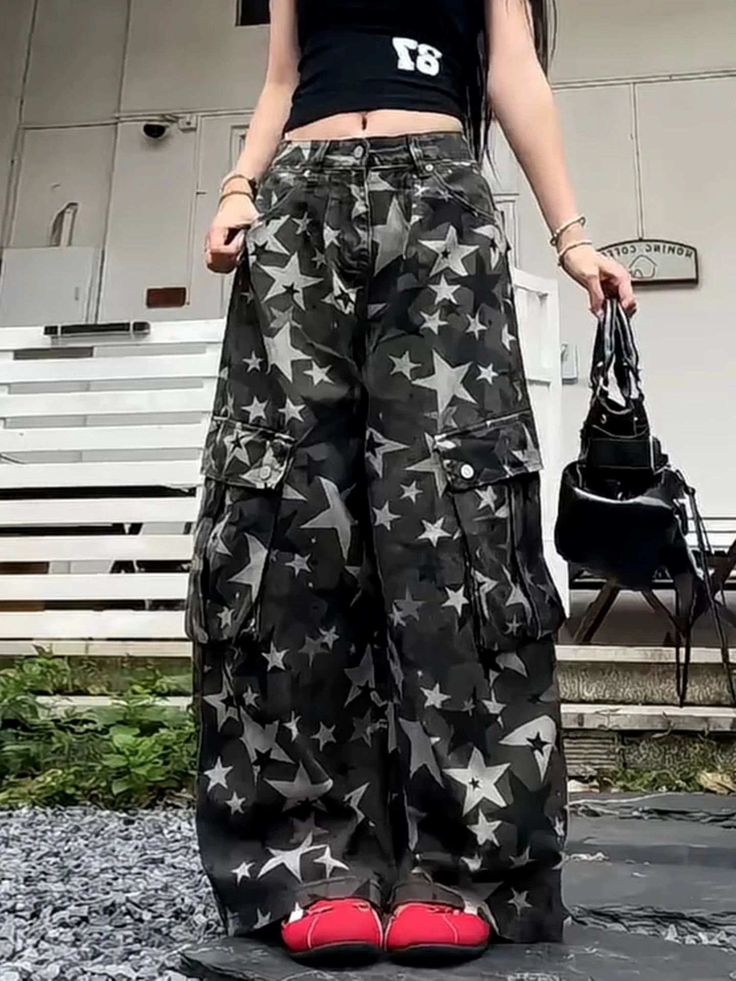 Casual Star Print Camouflage Wide Leg Jeans Women's New Style Multi Pocket Loose Cool Streetwear Pants Micro Flared Denim