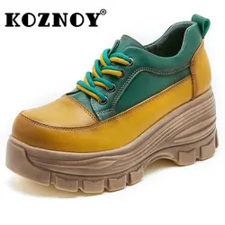 Koznoy 7cm New Genuine Leather Super High Platform Wedge Women Ankle Boots Female High Heels Lace Up Moccasins Mixed Color Shoes