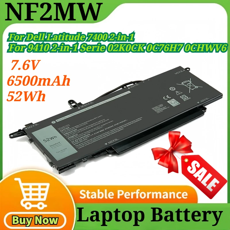 

7.6V 6500mAh 52Wh NF2MW Laptop Battery for Dell Latitude 7400 2-in-1 for 9410 2-in-1 Serie 02K0CK 0C76H7 0CHWV6 11P1P