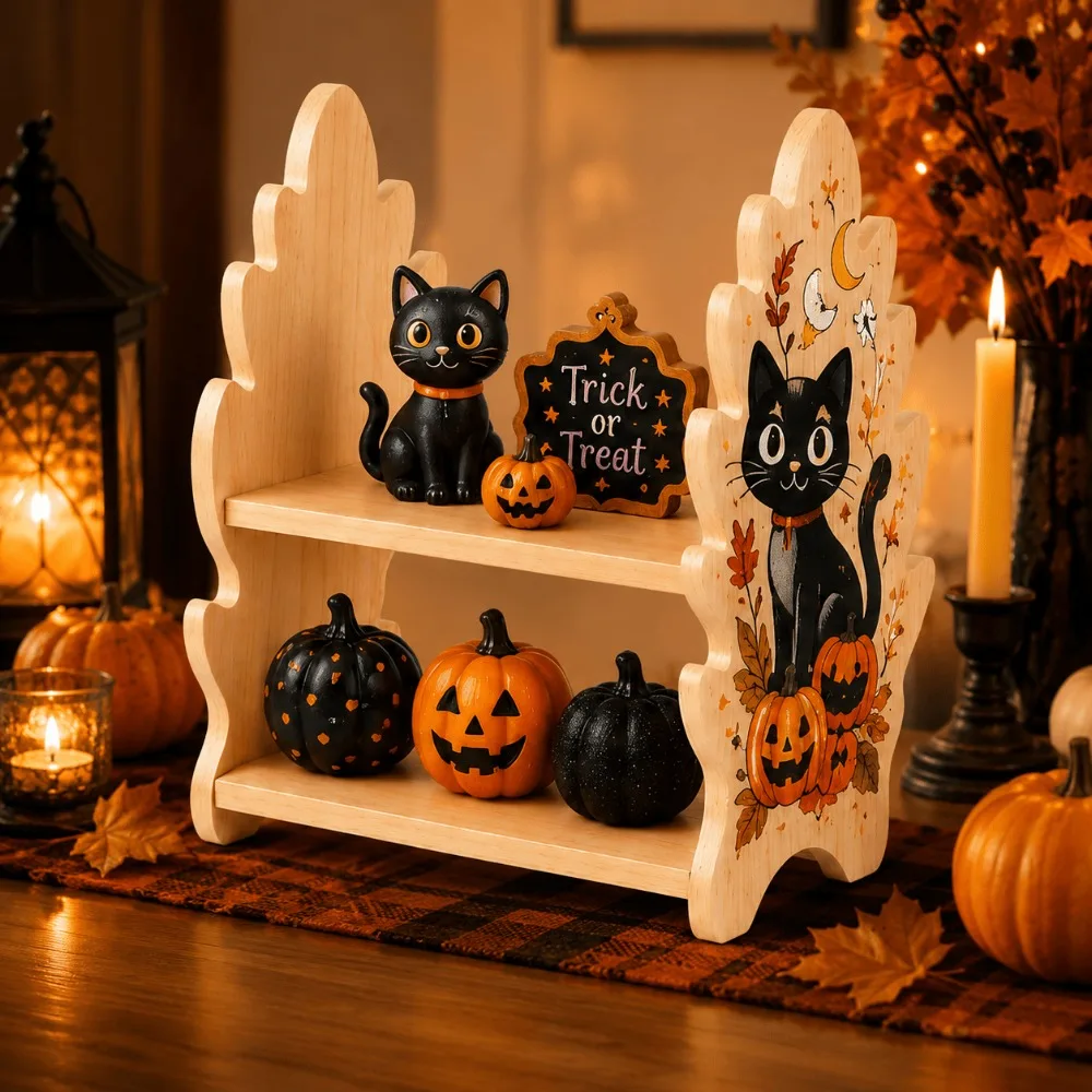 Halloween Wooden Utility Racks 2-Tier Desktop Display Shelf with Black Cat Pumpkin Organizer Stand for Home Decoration