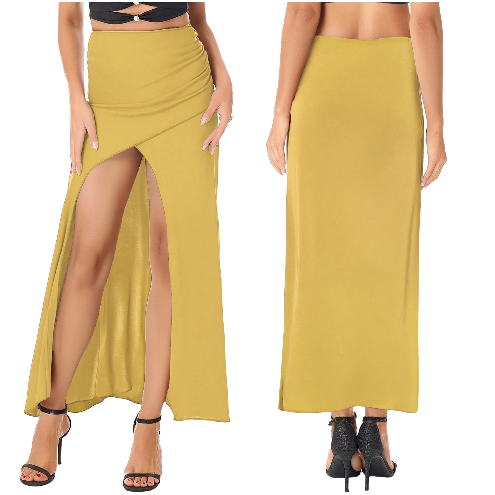

Women Side Split Ruched Long Skirt for Belly Modern Tango Rumba Dance Practice Costume Solid Color Dresses with Built-in Shorts