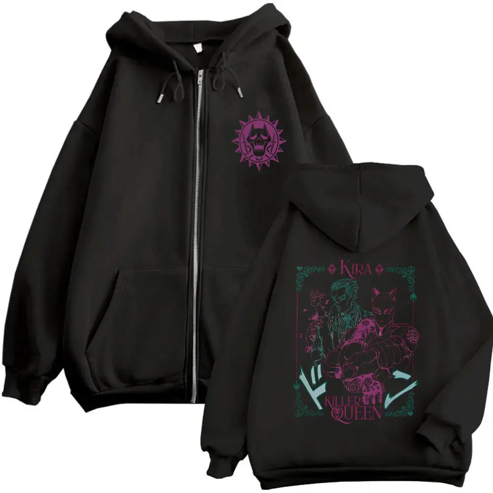 Anime Jojo's Bizarre Adventure Kira Killer Queen Zipper Hoodie Men Women Manga Casual Vintage Zip Up Jacket Male Oversized Coat