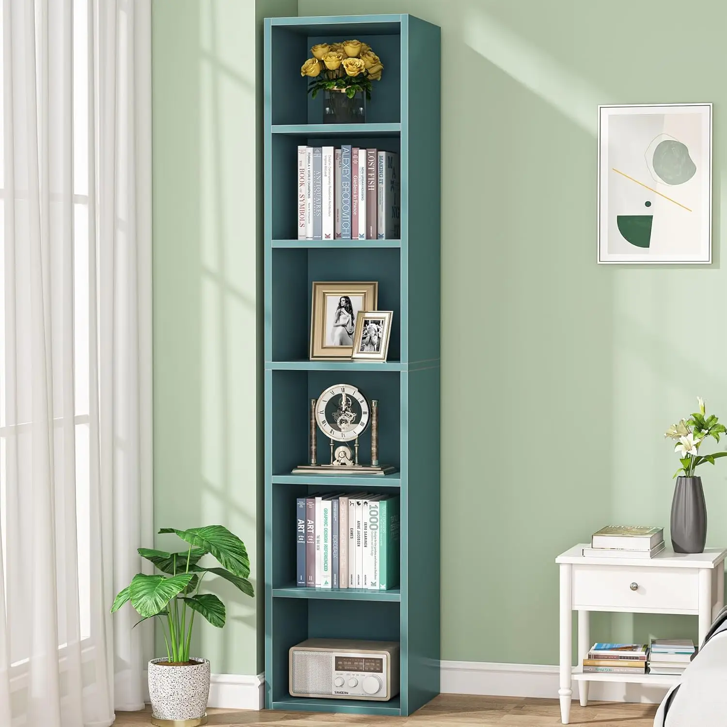 70.9 Inch Tall Narrow Bookcase, Corner Bookshelf 6 Tier Cube Display Shelf Storage Organizer For Small Space, Blue