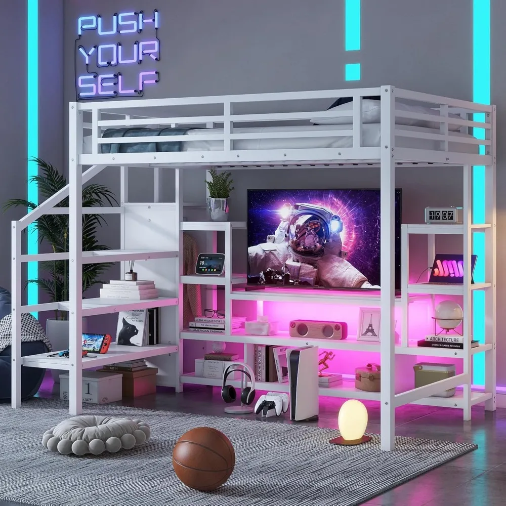 Cama alta de tamaño completo con almacenamiento y escaleras, estructura de cama tipo loft de metal con soporte para TV, armario, luces LED, camas altas versátiles para