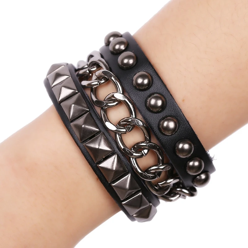 Multilayers Rock  Rivets Chain Bracelet Gothic Punk Wide Cuff Leather Bracelet Bangle Fashion Bracelet Jewelry