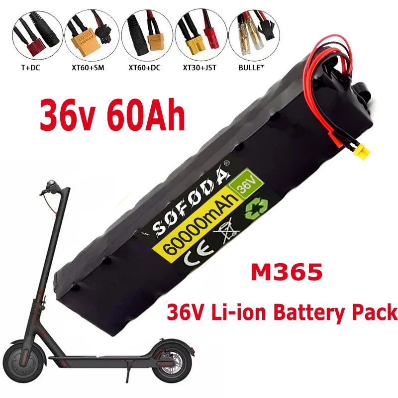 

36V 60Ah 18650 Rechargeable lithium Battery pack 10S3P 500W High power for Modified Bikes Scooter Electric Vehicle,With BMS XT30