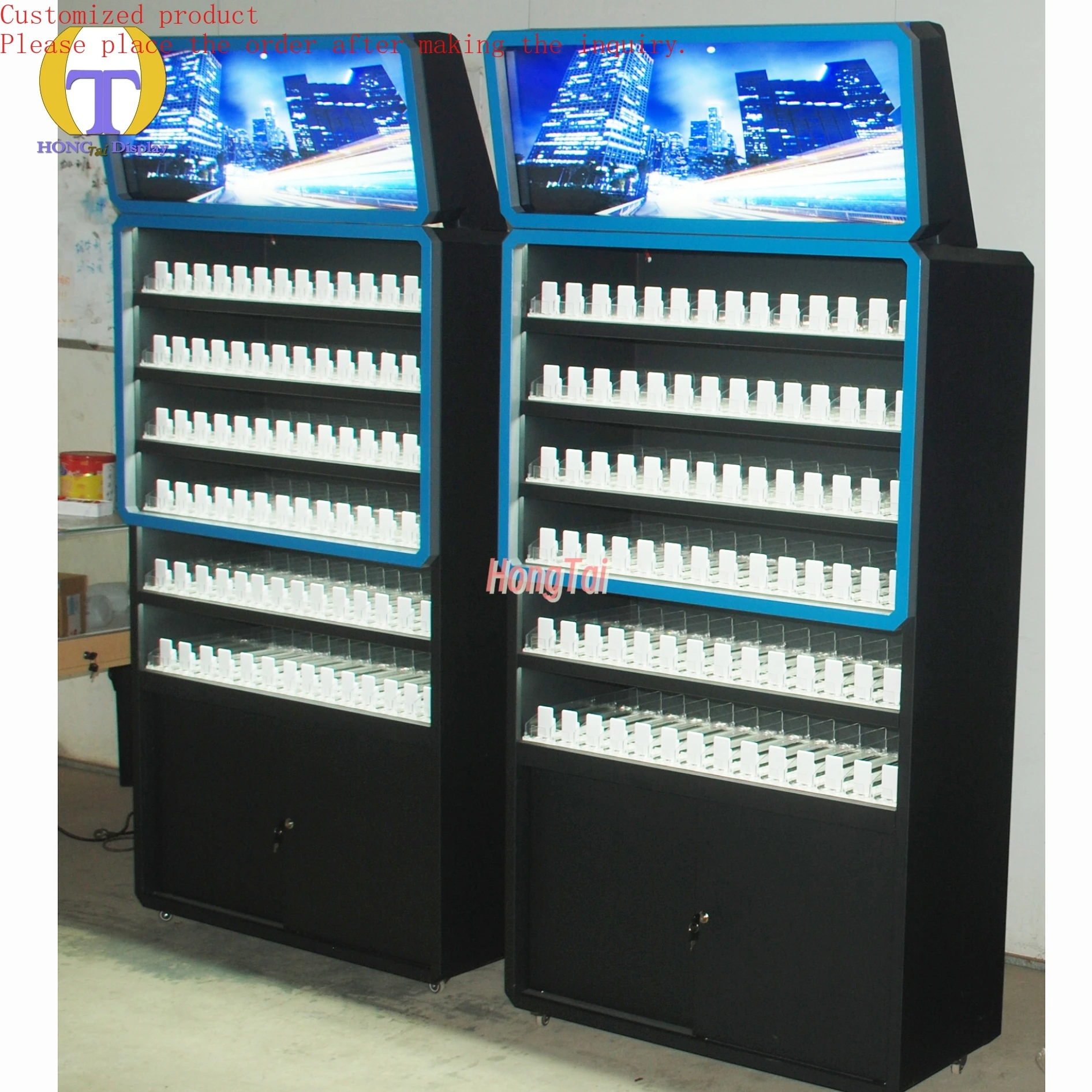 

Custom.Modern Design LED-Lit Acrylic Smoke Shop Showcase Cigarette Pusher Storage Cabinet with Tobacco Display Rack Shelf