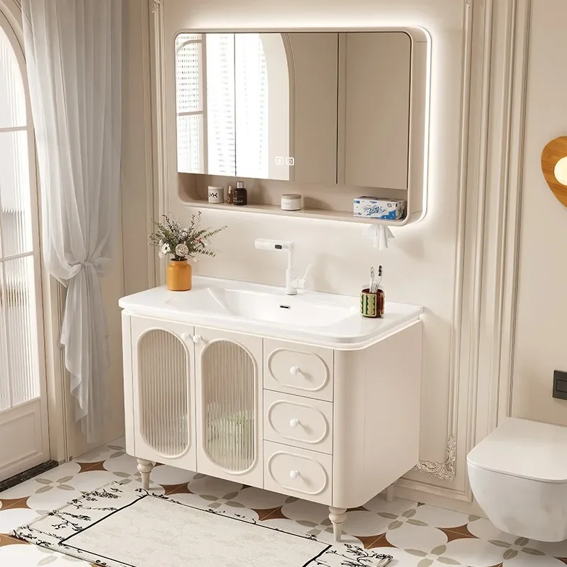 Modern Minimalist White Bathroom Cabinets Ceramic Integrated Basin Solid Wood Floor Vanity Cabinet with Sink Bathroom Furniture