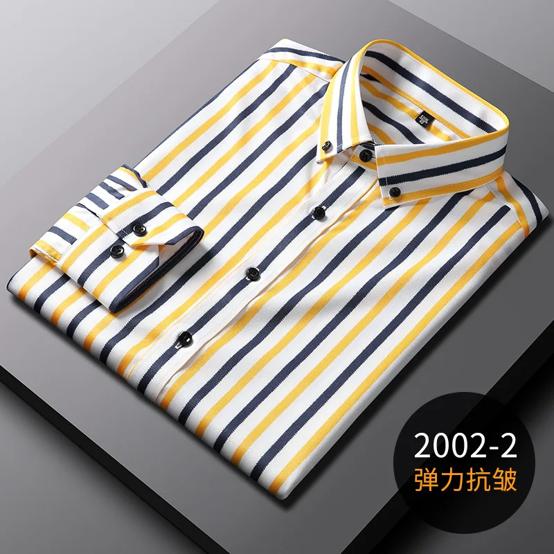 New elastic wrinkle resistant men\'s long sleeved formal shirt, high-quality men\'s slim fit social business striped men clothing