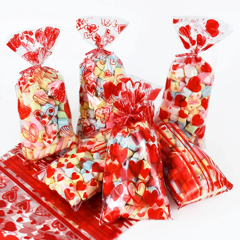 60Pcs Mixed Love Red Heart Pattern Candy Bags Valentine's Day DEcoration Gift Bags Baking Packaging Wedding Party Pouches