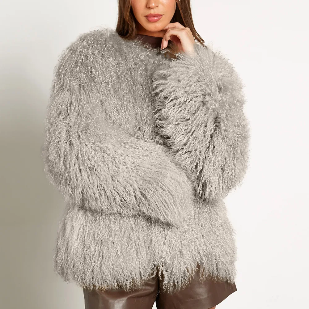 

KIDCRKJ Women Winter Mink Fur Jacket Blue Round Neck Full Sleeve Eco Fur Coat For Lady Slouchy-Style Female Artificial Fur Coat