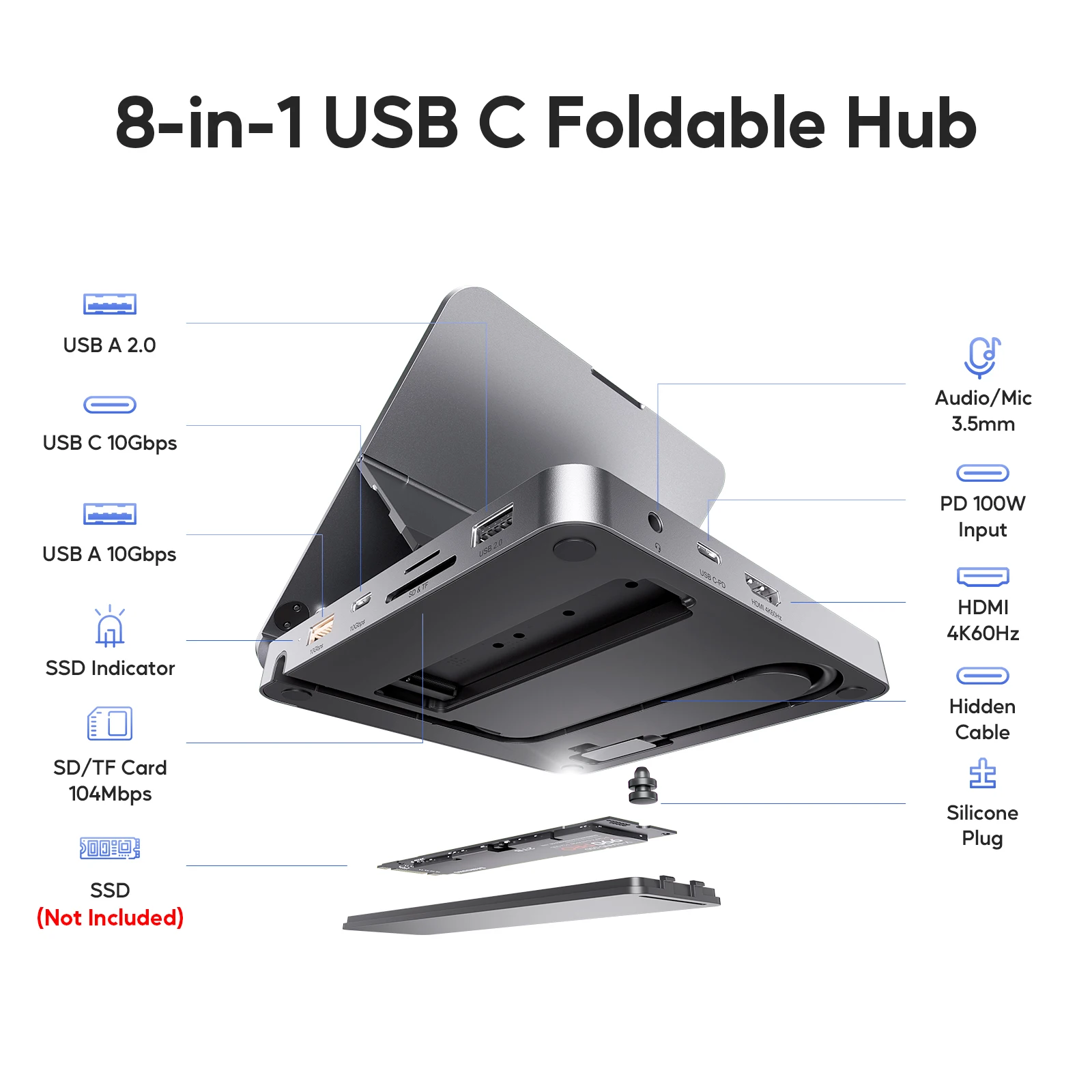 PULWTOP iPad USB C ハブ、4K HDMI 付き iPad ドック、PD 100W、M.2 NVMe SSD をサポート、iPad、MacBook、Windows 用の折りたたみ式スタンドベース