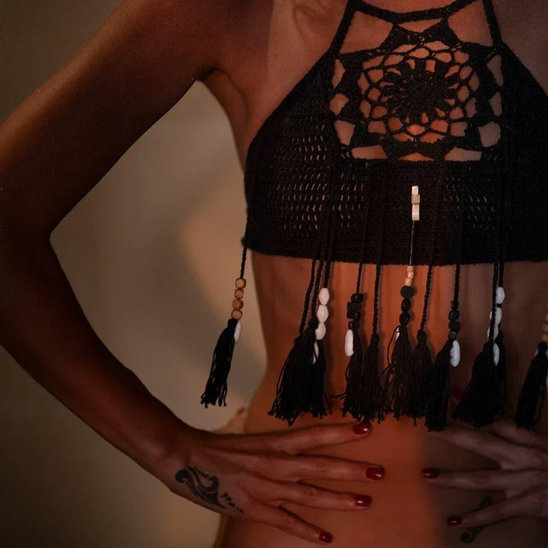 Women's Sexy Halter Lace Up Beading Fringe Tassel Knit Cropped Top Vest Camis Beach Swimsuit Crochet Bikini Cover Ups Swimwear
