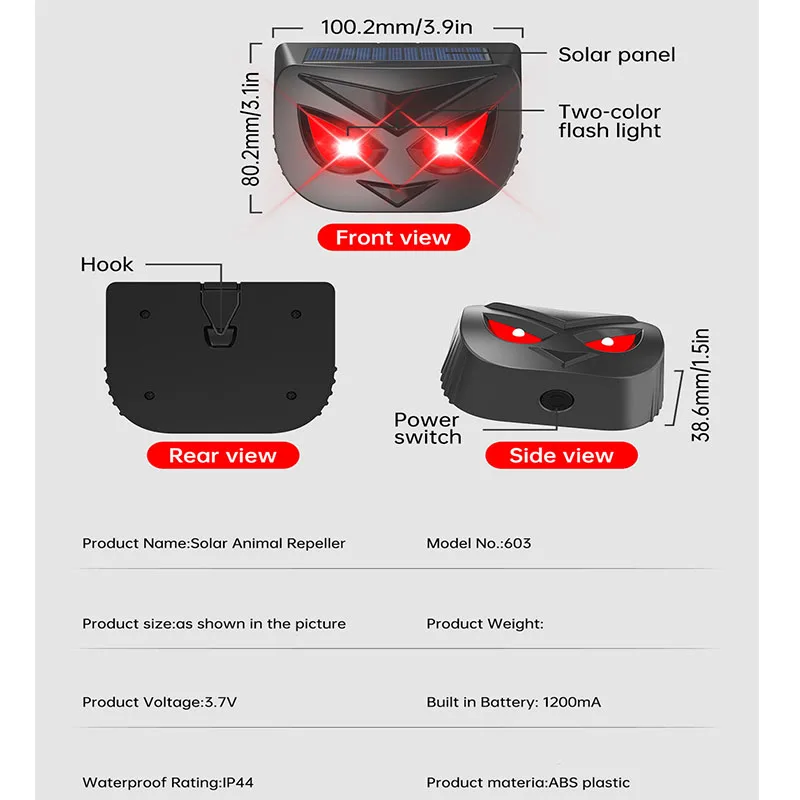 Solar Flash Mouse Repeller Snake Repeller Insect Repeller IP44 Waterproof Sun Charging for Orchard Greenhouse Farm Yard