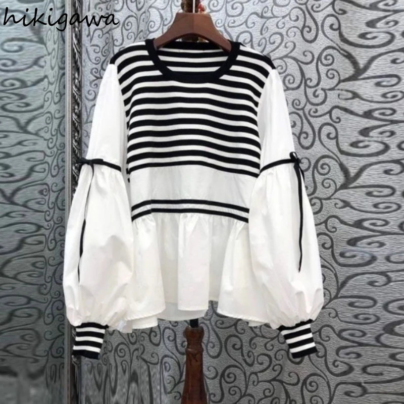 2024 Women Clothes Korean Blouses Bandage Long Sleeve Loose Shirts Patchwork Striped Tops O-neck Casual Fashion Camisas De Mujer