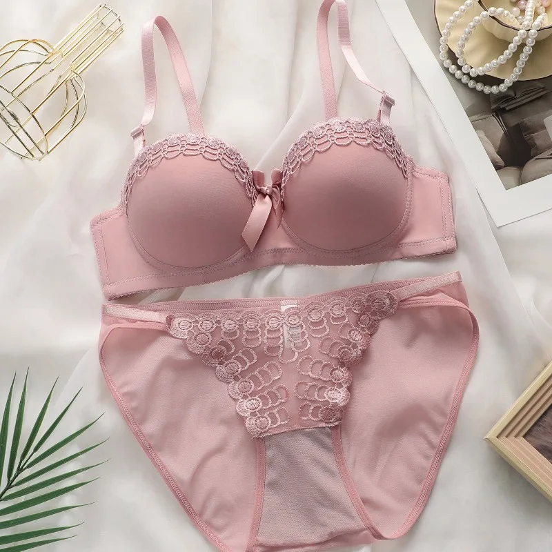 Women's Pink Lace Bra and Panty Set Push Up Underwire Bow Detail Lingerie 2026